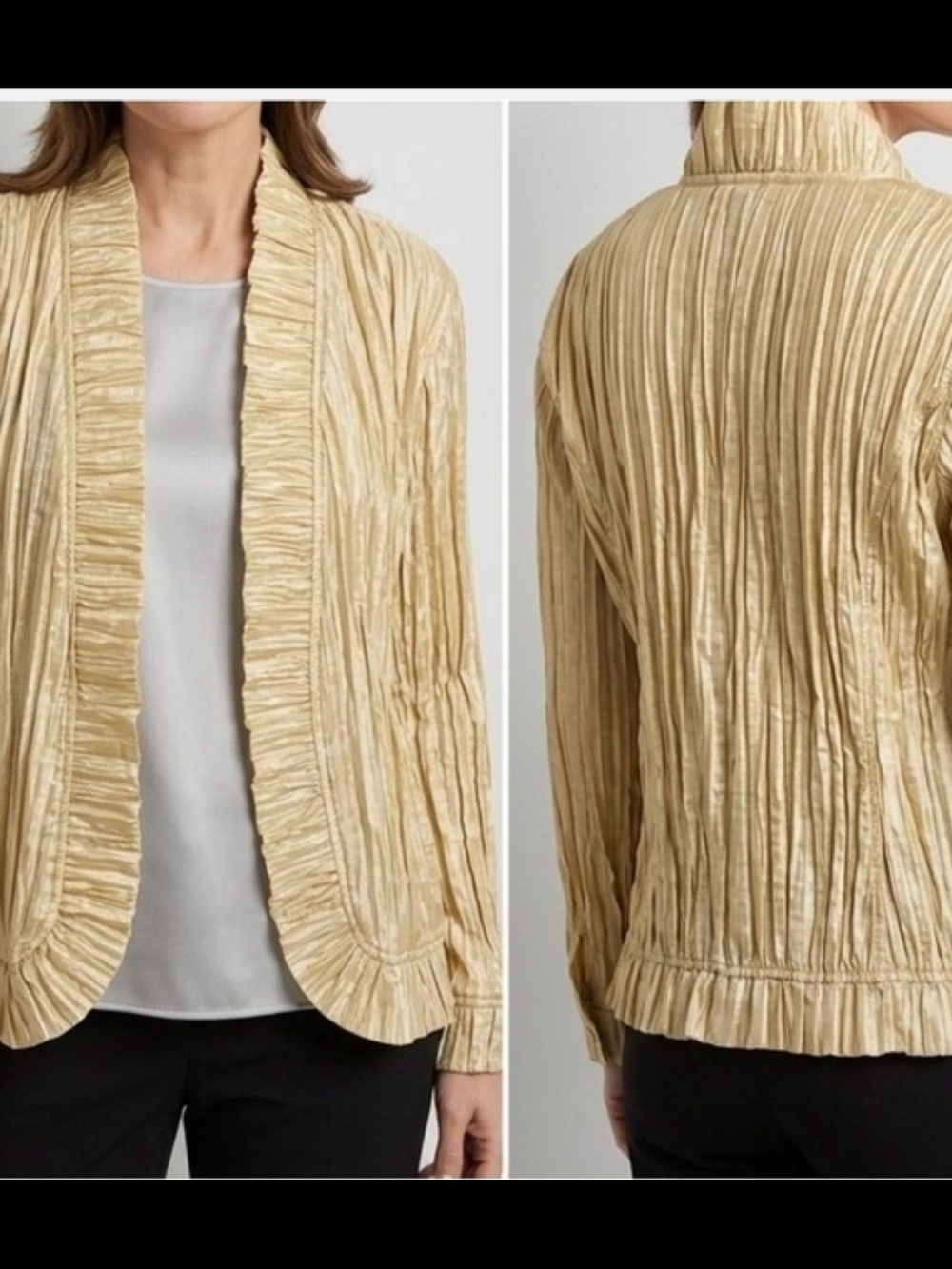 Chico's Gold Rotal Ruffle Rhea Crinkle Jacket Size M - Picture 2 of 7